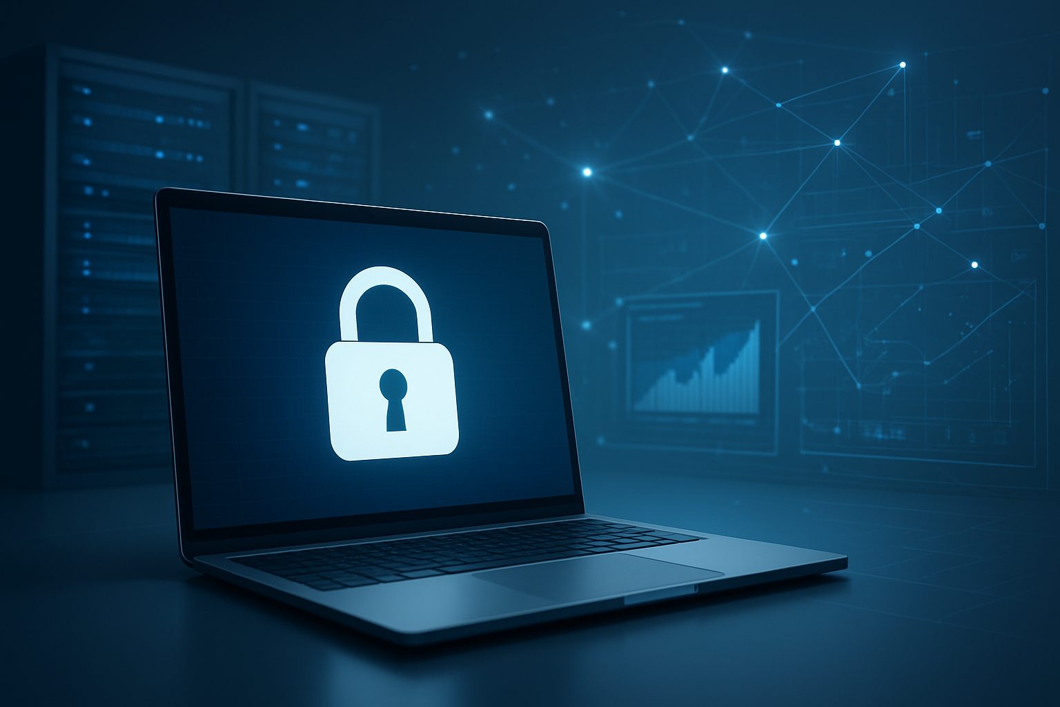 A laptop screen displaying a lock icon, symbolizing security and access control in a tech environment.